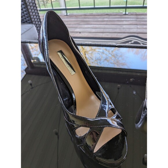 H by Halston Pumps Womens Sz 8.5 Black Patent Leather Platform Peeptoe Stilettos - Picture 10 of 16